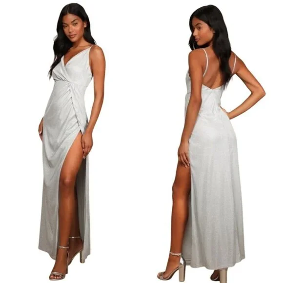 Lulus | Dresses | Lulus Silver Maxi Dress Xl Nwt Sparkle Vneck Faux Wrap  Open Back Semi Formal | Poshmark